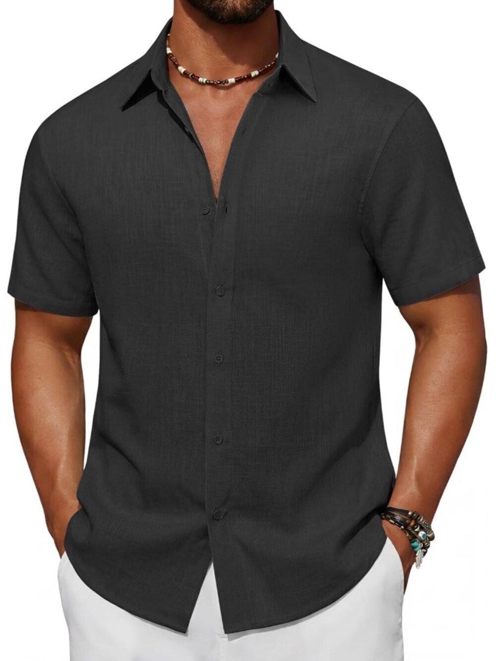 Men's Black Short Sleeve Button Down Cotton Linen Beach Shirt Pocket